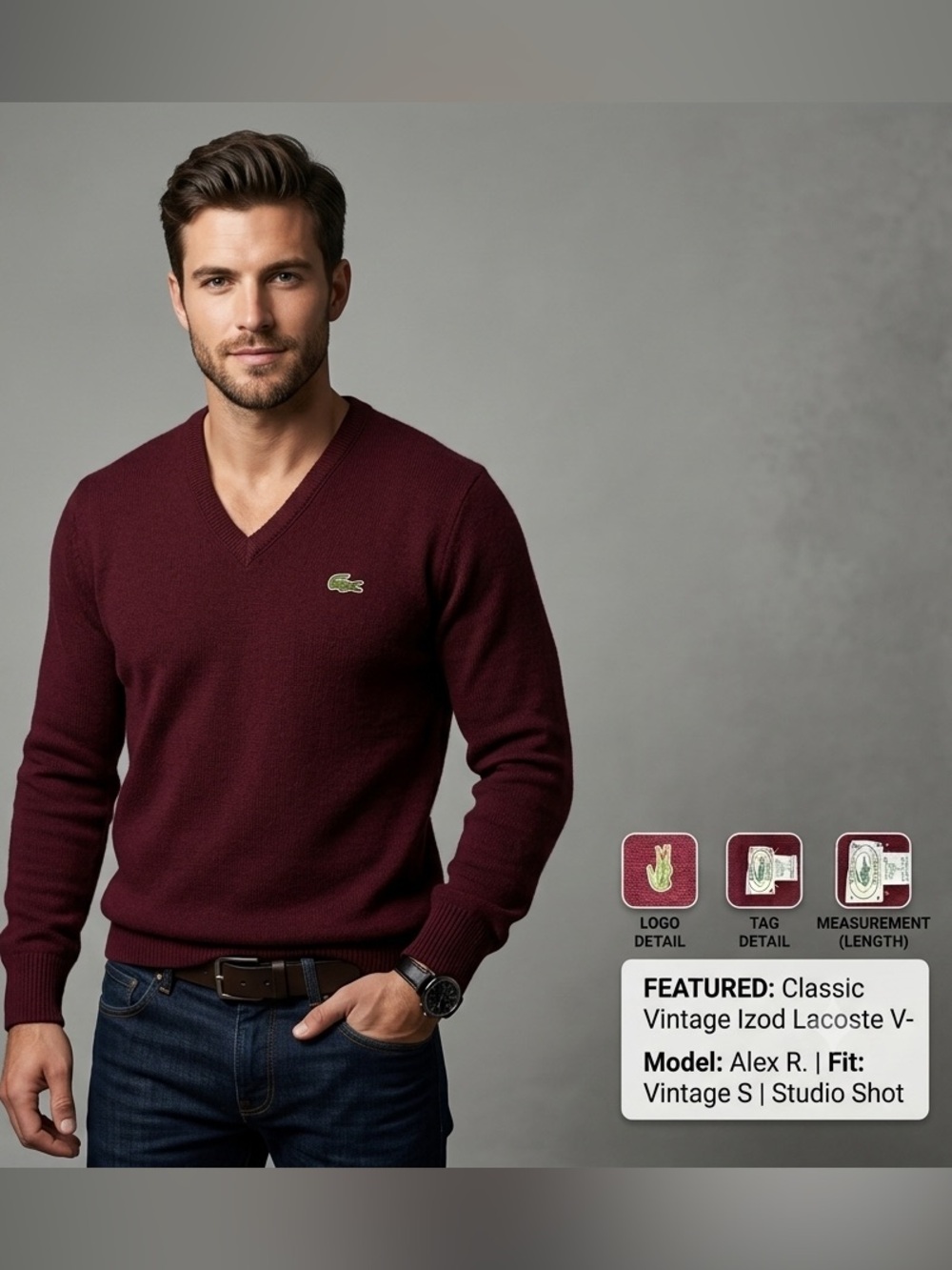 Vintage Izod Lacoste V-Neck Sweater Mens Small Burgundy Orlon Acrylic USA Made